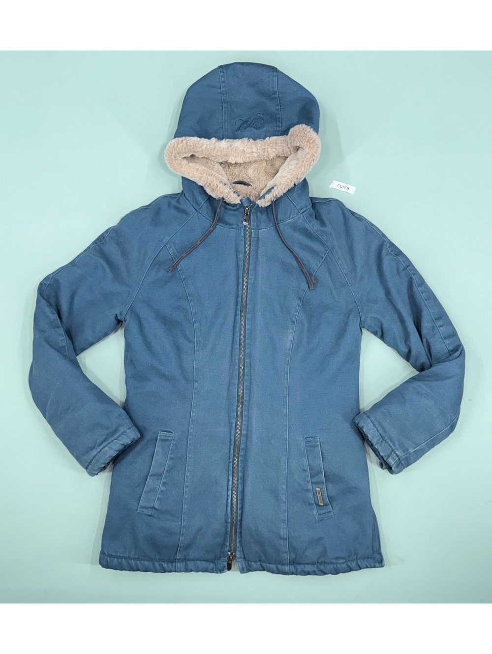 Women's Blue Hooded Winter Jacket with Faux Fur Lining and Double Zipper